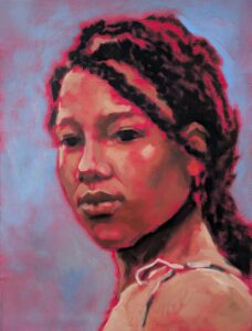 Olieverfschilderij 'Portrait of a Woman' – een krachtig portret van een vrouw met expressieve penseelstreken en warme rode accenten tegen een contrasterende achtergrond.