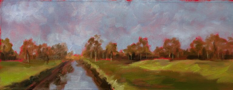 Olieverfschilderij 'Crimson Glow' – een landschap met een kabbelend water en bomen gehuld in een warme, roodachtige gloed bij schemering.