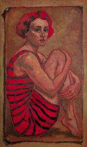 Bound and Becoming – expressief vrouwenportret in rood-zwart badpak, zittend in een ingekaderde houding, olieverf op linnen.