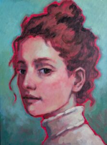 Portret van een vrouw, acryl op linnen. Expressief geschilderd vrouwenportret met warme ondertonen en een zachte acchtergrond.