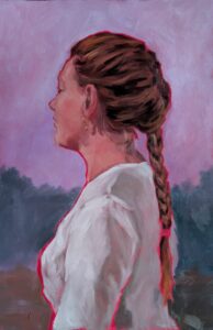 Portret van vrouw met vlecht in olieverf schilderij door kunstschilder Stephanie van der Klooster in Zuid-Holland