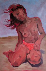 Female nude portrait in warm tones – olieverfschilderij op linnen, contemporary figurative painting by Stephanie van der Klooster