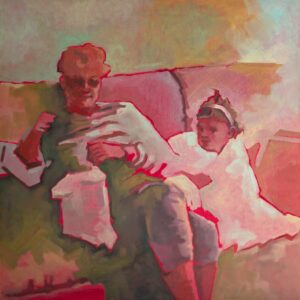 The Blur of Memory – figuratief olieverfschilderij op linnen, grootmoeder met kind, contemporary painting by Stephanie van der Klooster