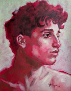 Portret van jonge man met krullend haar in olieverf schilderij door kunstschilder Stephanie van der Klooster in Zuid-Holland.