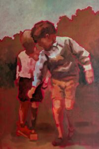 Oil painting on linen of two boys playing together, warm red tones and expressive brushwork by Dutch artist Stephanie van der Klooster.