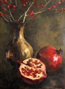 Still life painting with pomegranate and vase, oil on paper by Dutch artist Stephanie van der Klooster – warm earthy tones and classic composition.