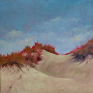 Soft, dreamy landscape painting of sunlit sand dunes with warm reddish grasses under a blue sky — dromerig landschapsschilderij van zonovergoten duinen met warmrode begroeiing onder een blauwe lucht.
