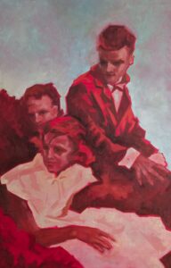 Figurative oil painting of three people in warm red tones, evoking nostalgia and shared memories, created by Dutch artist Stephanie van der Klooster.