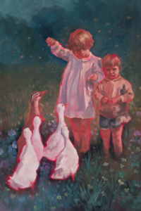 Dreamy oil painting of two children standing in a flower field with three white geese, soft green-blue background – dromerig olieverfschilderij met kinderen en ganzen in een bloemenveld.