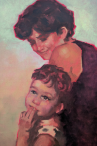 Portrait of a mother and her young child, soft painterly strokes and warm nostalgic tones — portret van een moeder met haar jonge kind, zachte schildertoets en warme, nostalgische tinten.