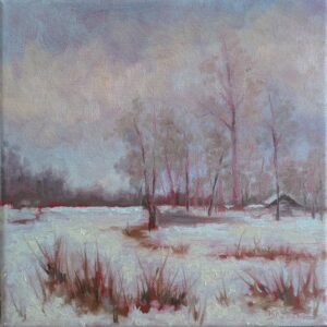 Soft winter landscape with bare trees, pale snow fields, muted sky and subtle warm accents — zacht winterlandschap met kale bomen, lichte sneeuwvelden, gedempte lucht en subtiele warme tinten.