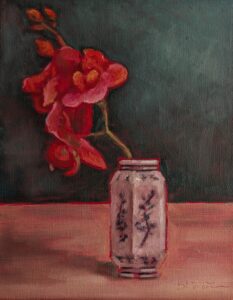 Oil on linen painting of a pink flower in a small glass jar, painted in expressive brushstrokes against a dark background