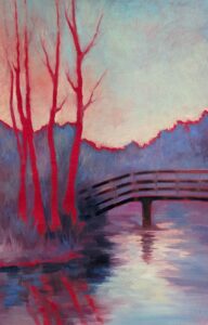 Landschapsschilderij met rode bomen langs het water en een houten brug, geschilderd in olieverf met heldere kleuren en reflecties in het water.