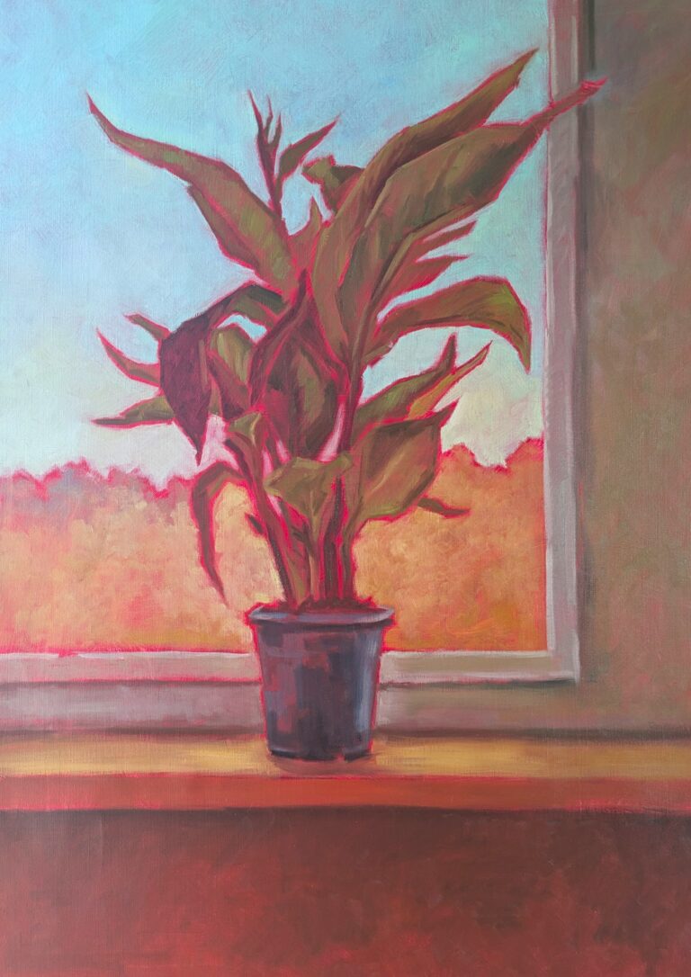 Olieverf schilderij van een kamerplant voor een raam met warm roze avondlicht en expressieve penseelstreken.
