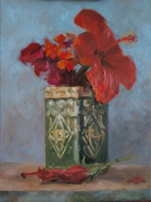 Still life painting with bright red flowers in a decorative green jar, soft painterly brushstrokes and muted blue background — stilleven met felrode bloemen in een decoratieve groene pot, zachte schildertoets en gedempte blauwe achtergrond.